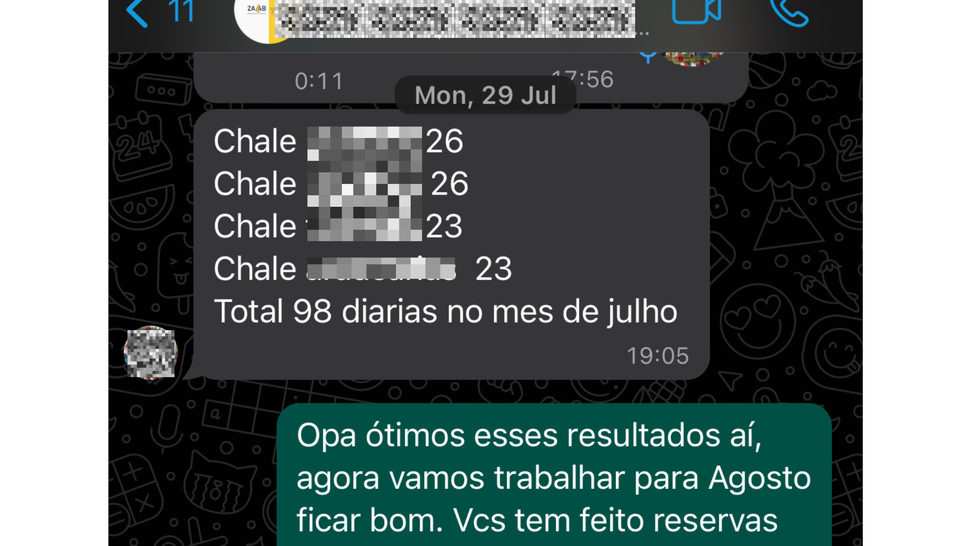 Mensagem de cliente de hospedagem comemorando aumento de reservas